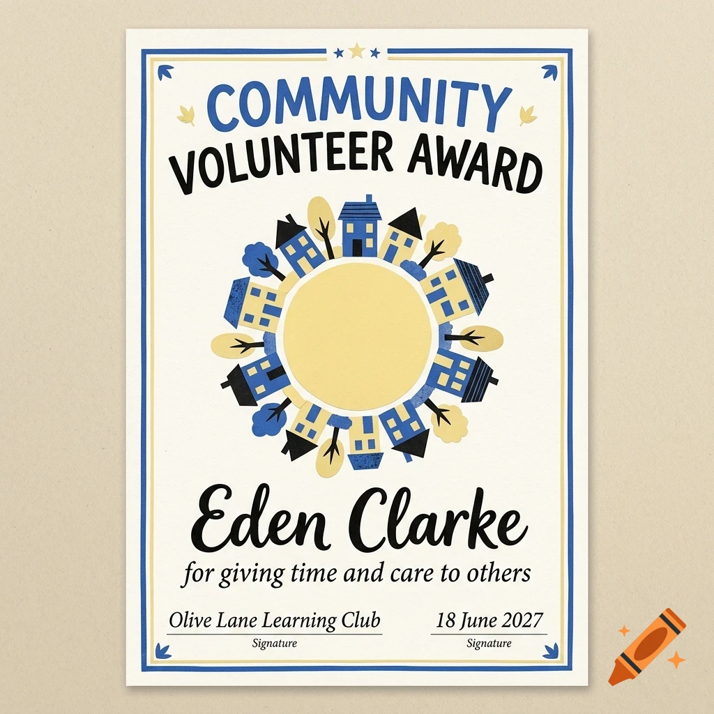An award certificate titled Community Volunteer Award for Eden Clarke, featuring a circular illustration of houses and trees in blue and yellow.