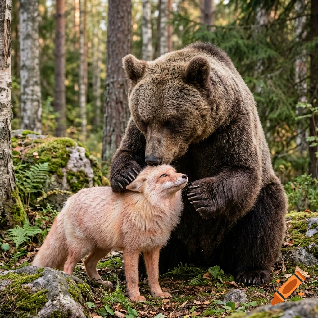 Photorealistic image of a fluffy pinkish-orange fox interacting with a large brown bear in a green forest.
