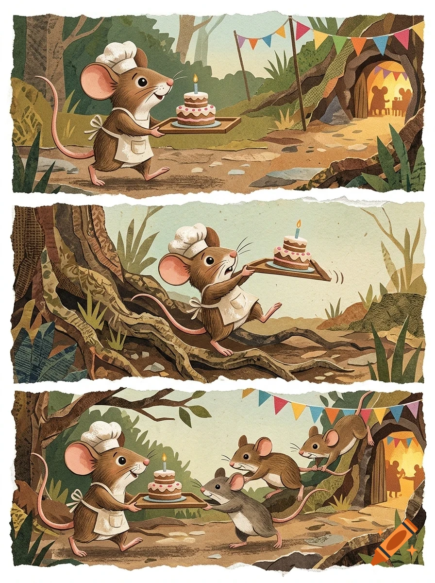 A three-panel illustration showing a mouse baker carrying a small birthday cake with a single lit candle in an outdoor forest setting with other mice.