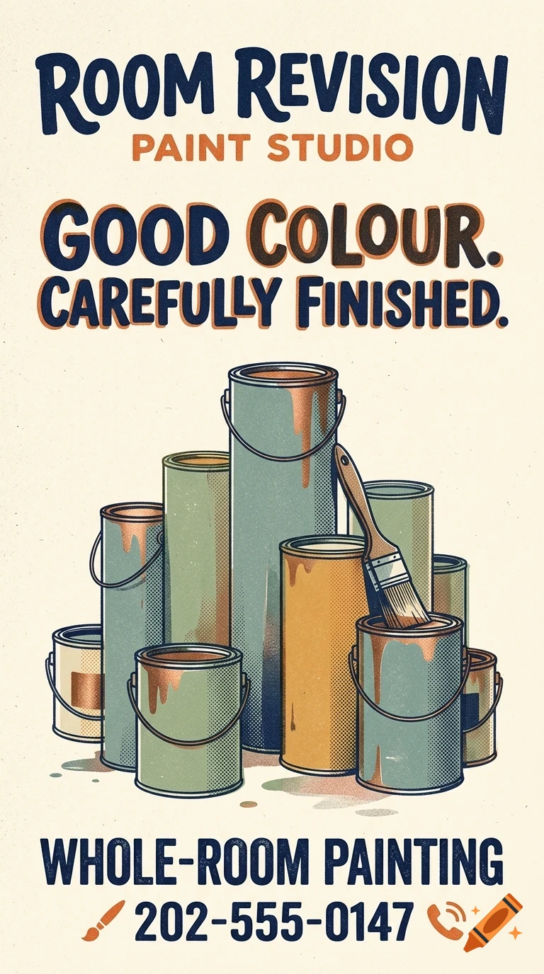 An illustration of paint cans and a paintbrush with text reading ROOM REVISION PAINT STUDIO, GOOD COLOUR. CAREFULLY FINISHED., and WHOLE-ROOM PAINTING.