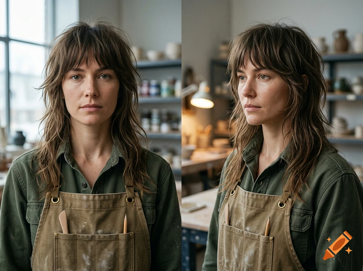 Two-panel portrait of a woman with layered hair and bangs wearing a green shirt and a pottery apron with tools in the pockets inside a workshop.
