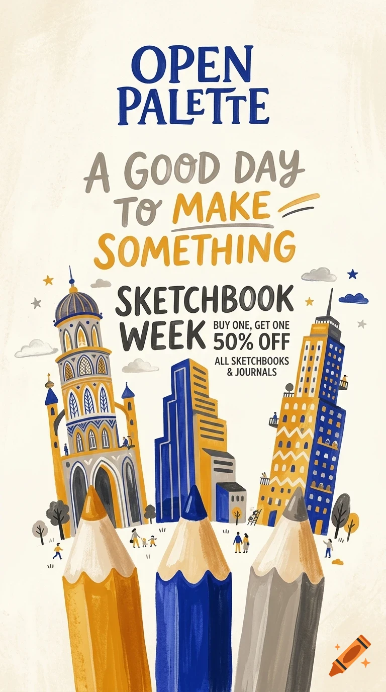 An illustrated poster with the text Open Palette, A good day to make something, Sketchbook week, showing colored pencils and stylized buildings.