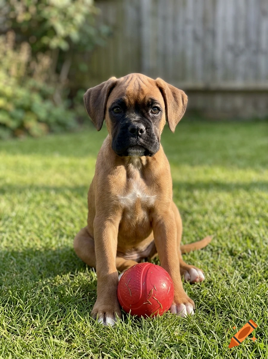 A photorealistic boxer puppy sitting on green grass next to a red ball.