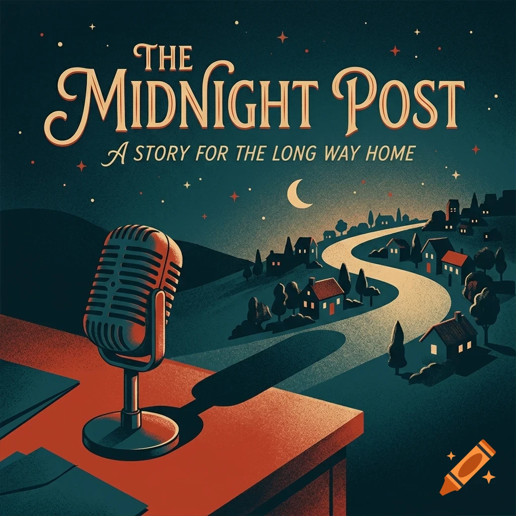An illustrated poster for The Midnight Post featuring a vintage microphone in the foreground and a nighttime landscape with a winding road and small town under a crescent moon and starry sky.