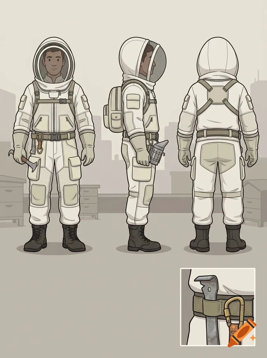 Character design sheet showing a beekeeper in a white protective suit from multiple angles.