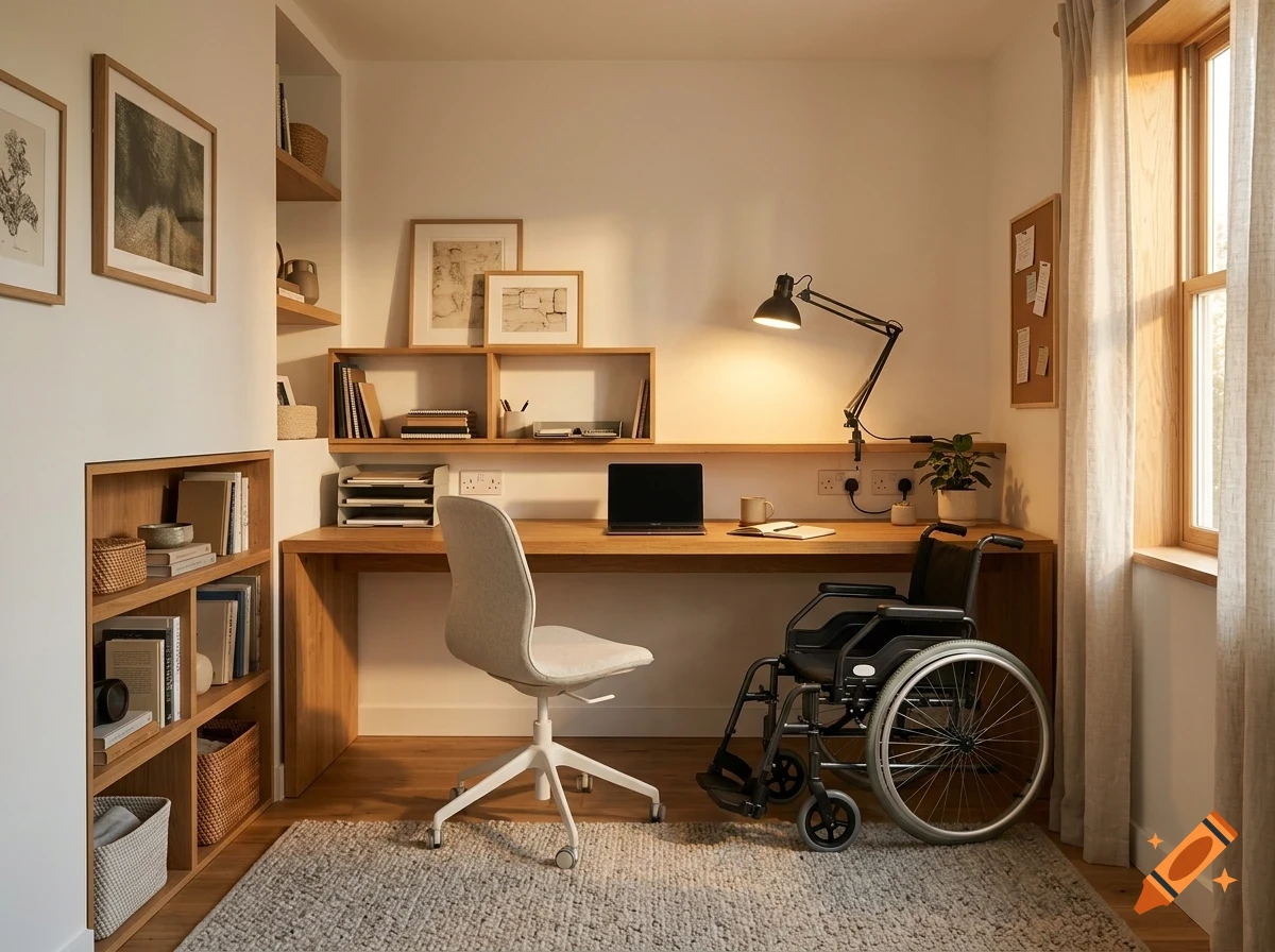 A well-lit modern home office with a wooden desk, a white office chair, a wheelchair, shelving, and a laptop.