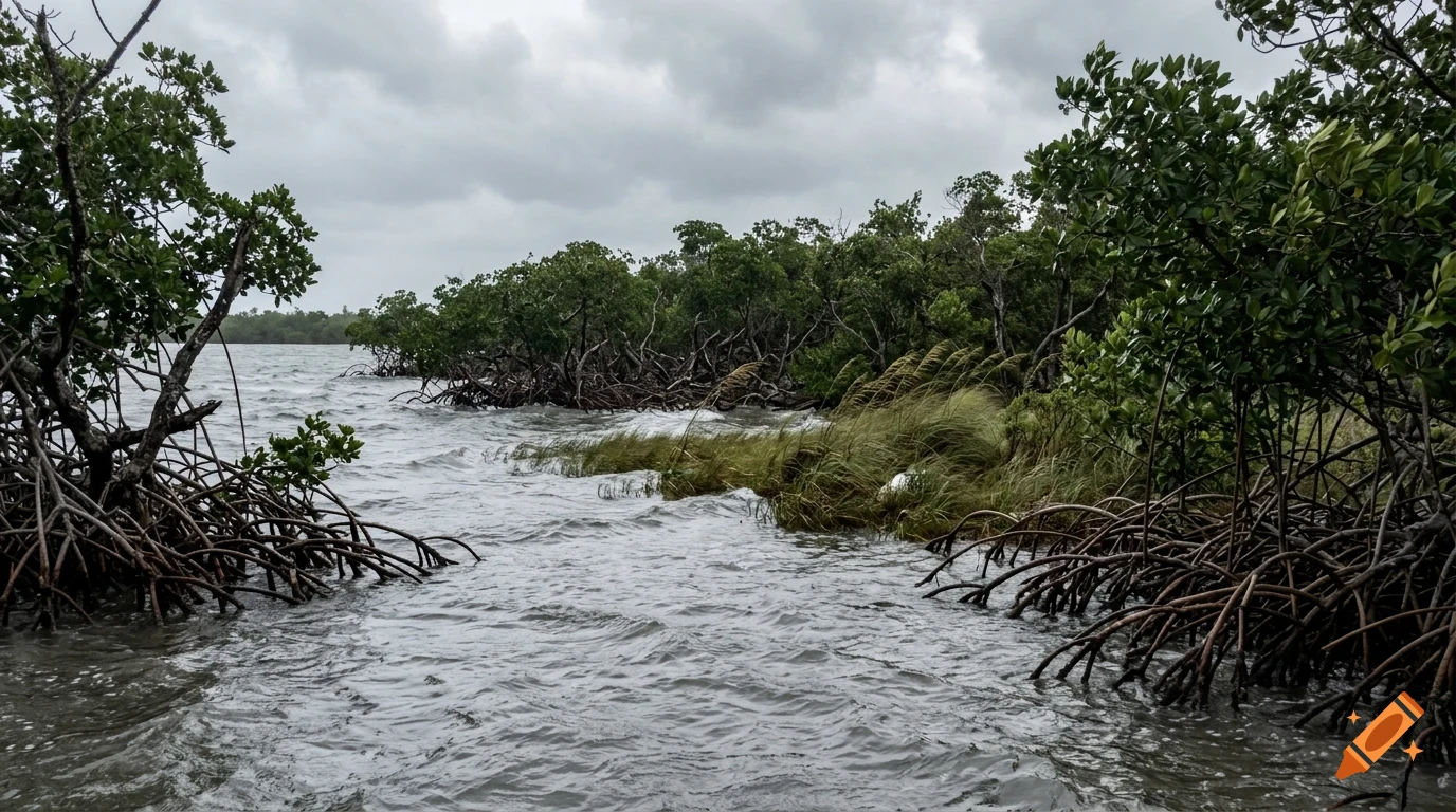 A photograph of a mangrove forest along a choppy body of water under a cloudy sky.