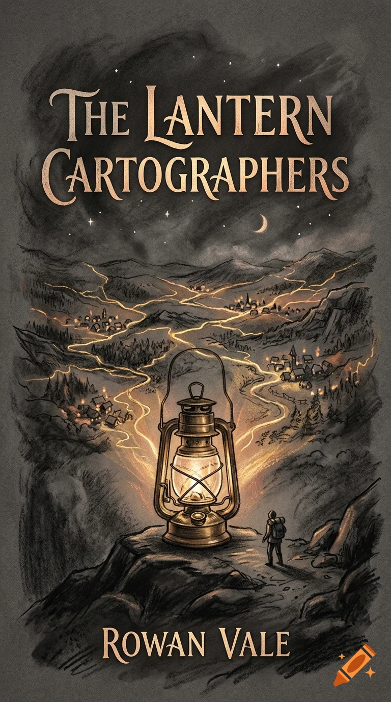 An illustration of a book cover with the title The Lantern Cartographers, featuring a glowing lantern, a person looking out at a landscape with winding glowing paths and villages, and mountains under a starry night sky.