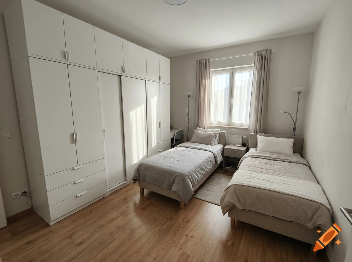 Photograph of a modern bedroom with two single beds, wooden flooring, and a large white wardrobe unit.