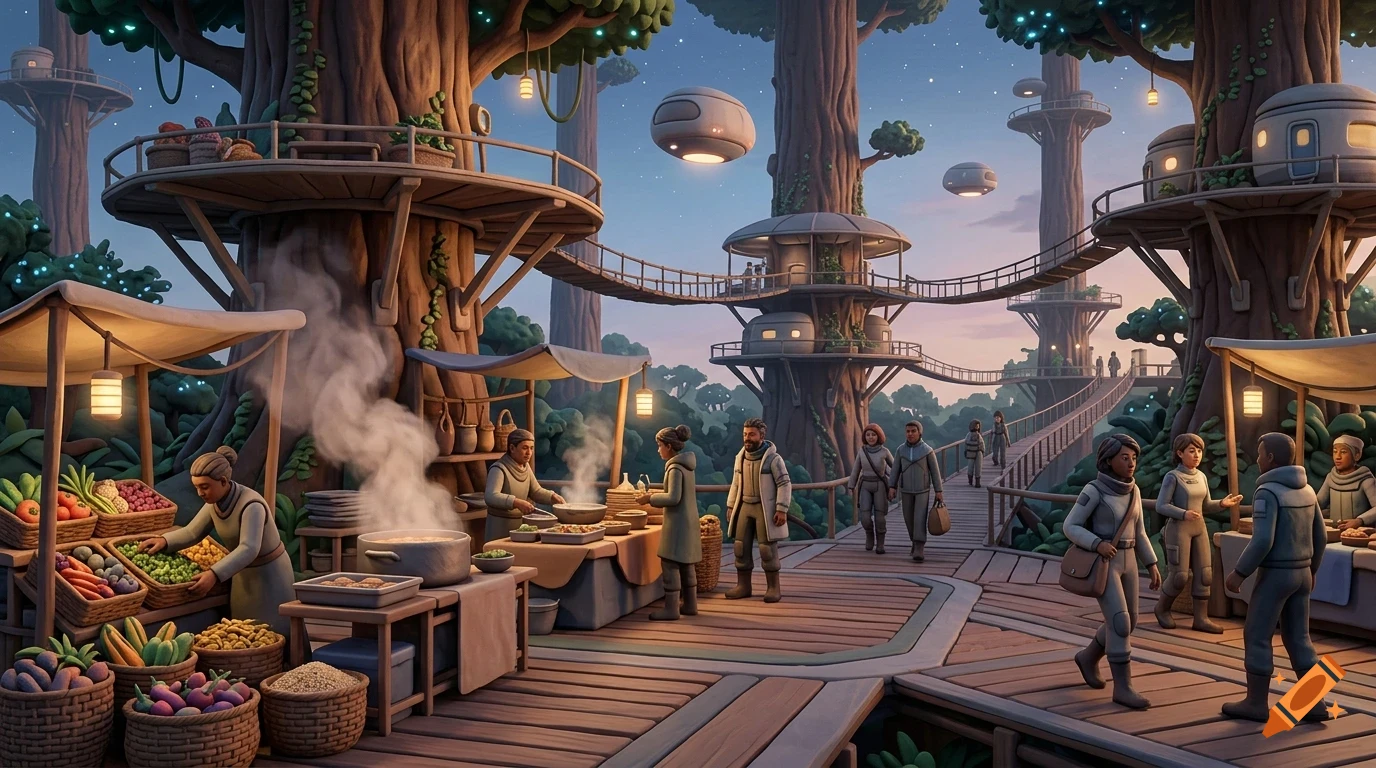 A futuristic forest village built among giant trees with elevated wooden walkways, market stalls selling produce, and hovering spacecraft overhead at twilight.