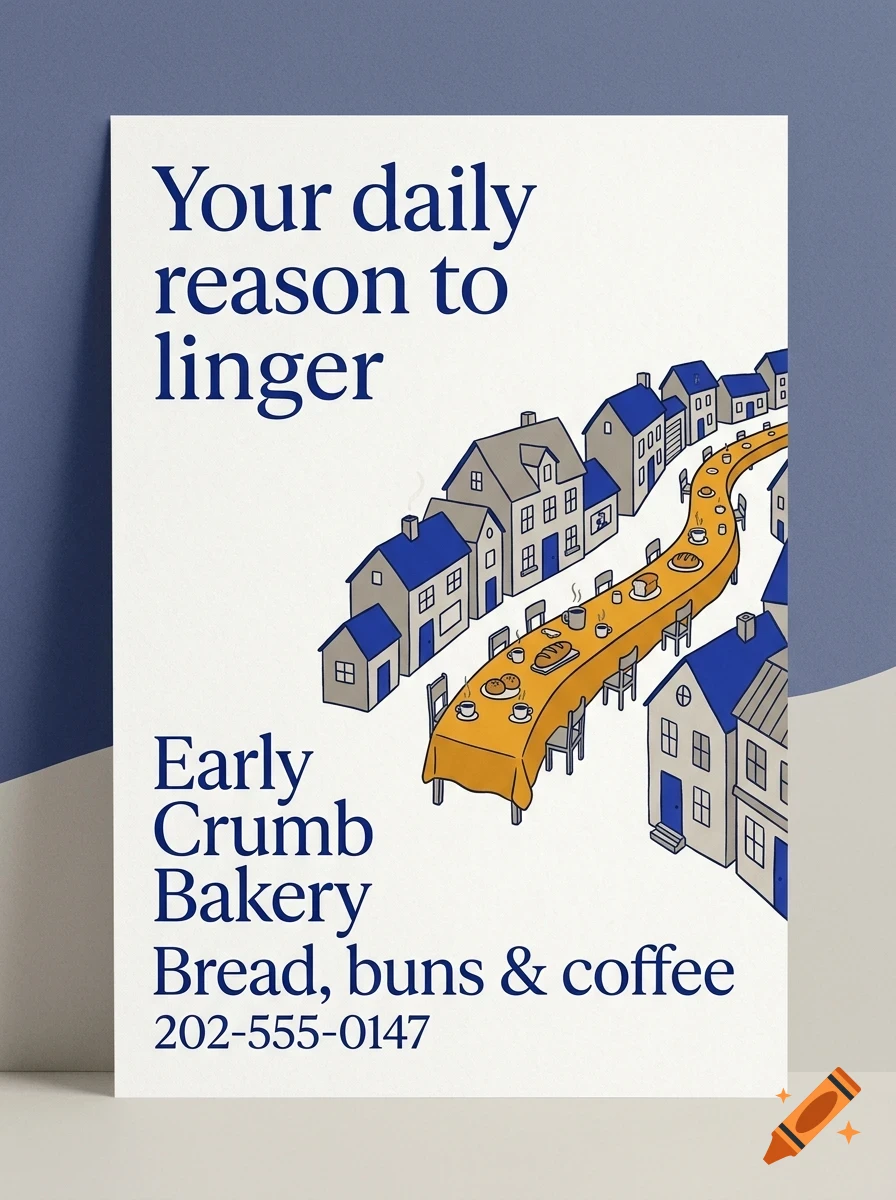 An illustrated poster for Early Crumb Bakery featuring an elongated table winding between small houses, with text reading Your daily reason to linger.