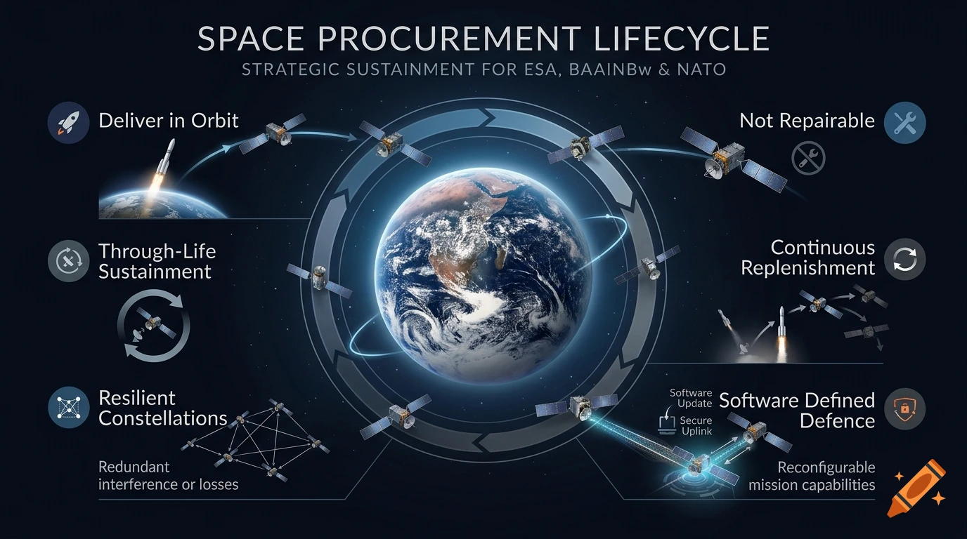 An executive-level space procurement infographic showing Earth surrounded by satellites, orbital mechanics, and strategic pillars.