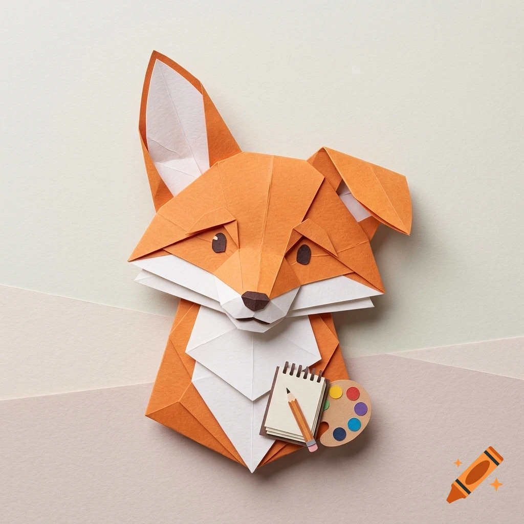 An origami papercraft fox holding a miniature sketchbook, pencil, and paint palette against a neutral background.