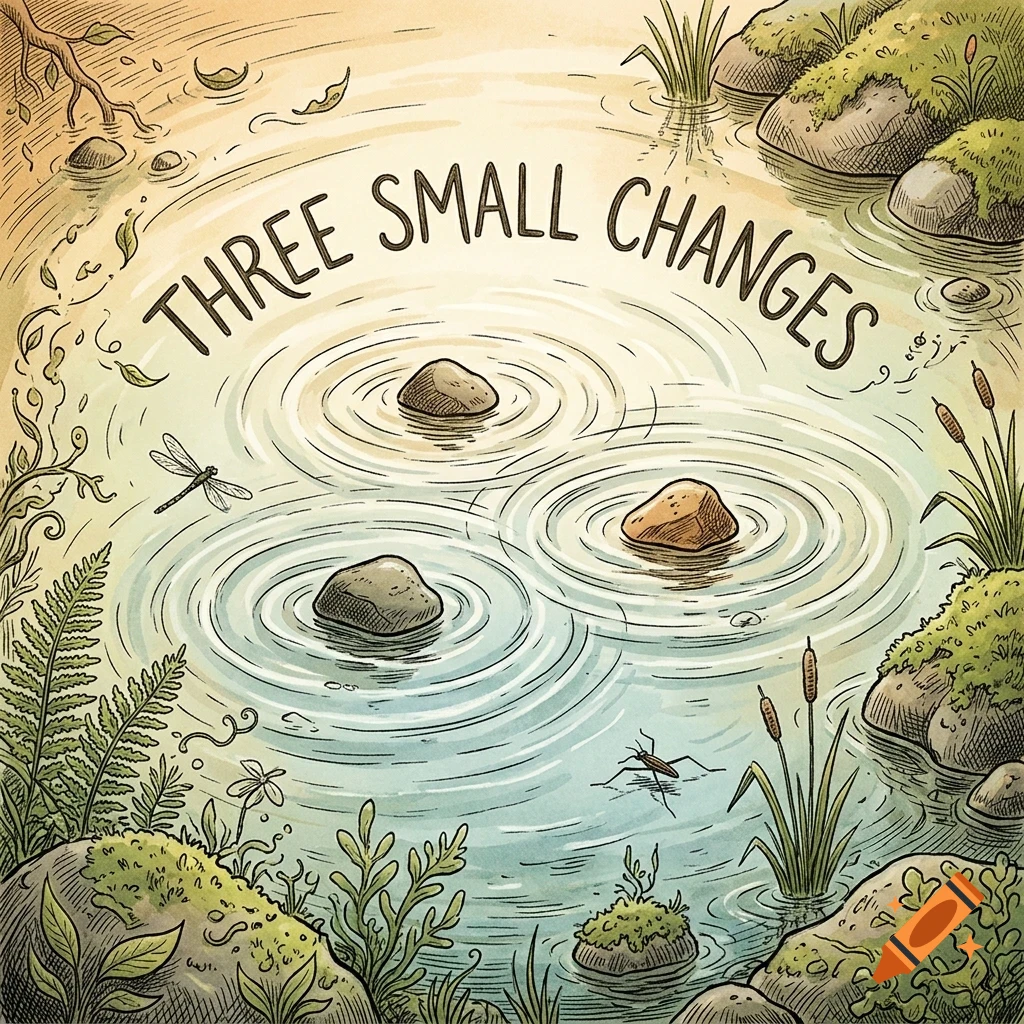 Illustration of three stones in a calm pond creating ripples, with the text THREE SMALL CHANGES arched above, surrounded by plants and insects.
