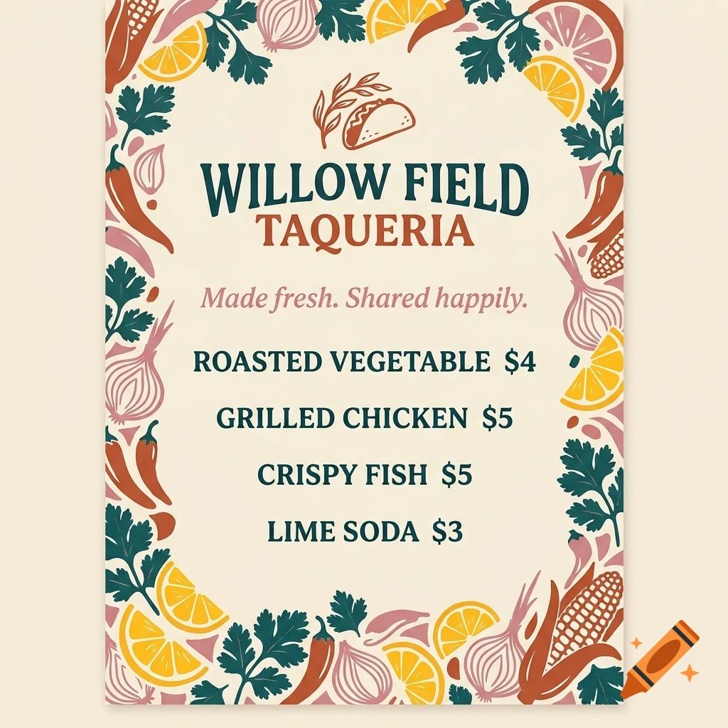 A menu design for Willow Field Taqueria featuring illustrated food borders including lemons, peppers, and onions, with pricing listed for various items.