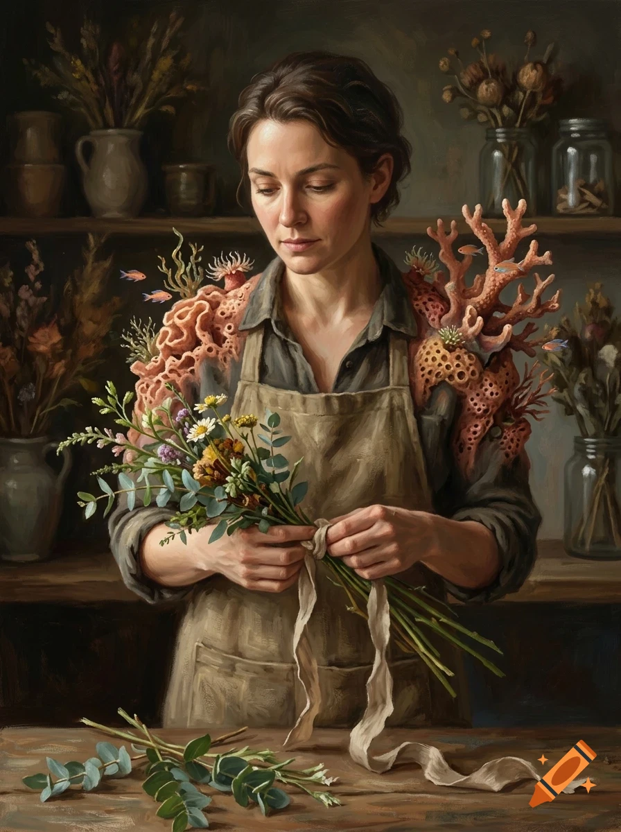 A woman in an apron ties a bouquet of wildflowers with coral growing on her shoulders in a rustic shop.