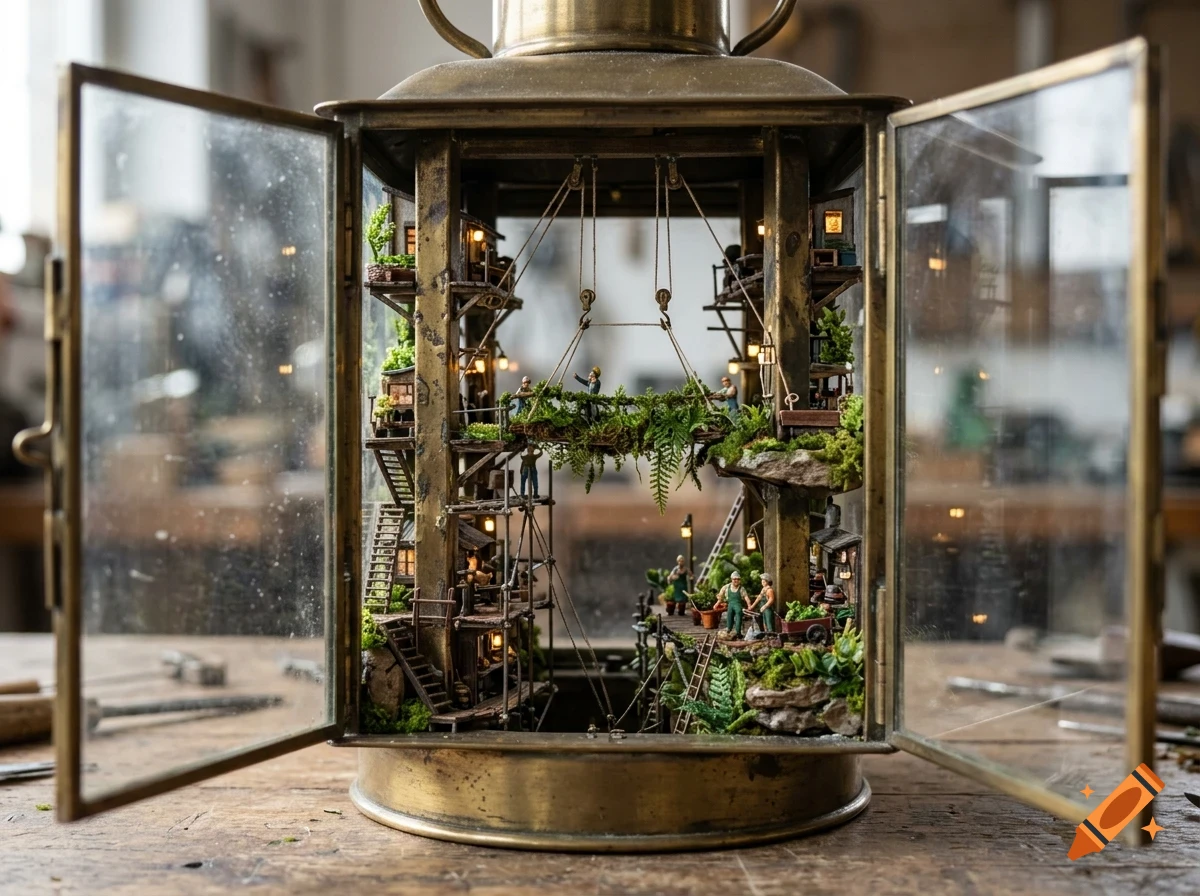 A detailed miniature world built inside an open brass lantern, featuring tiny platforms, buildings, foliage, and miniature figures.