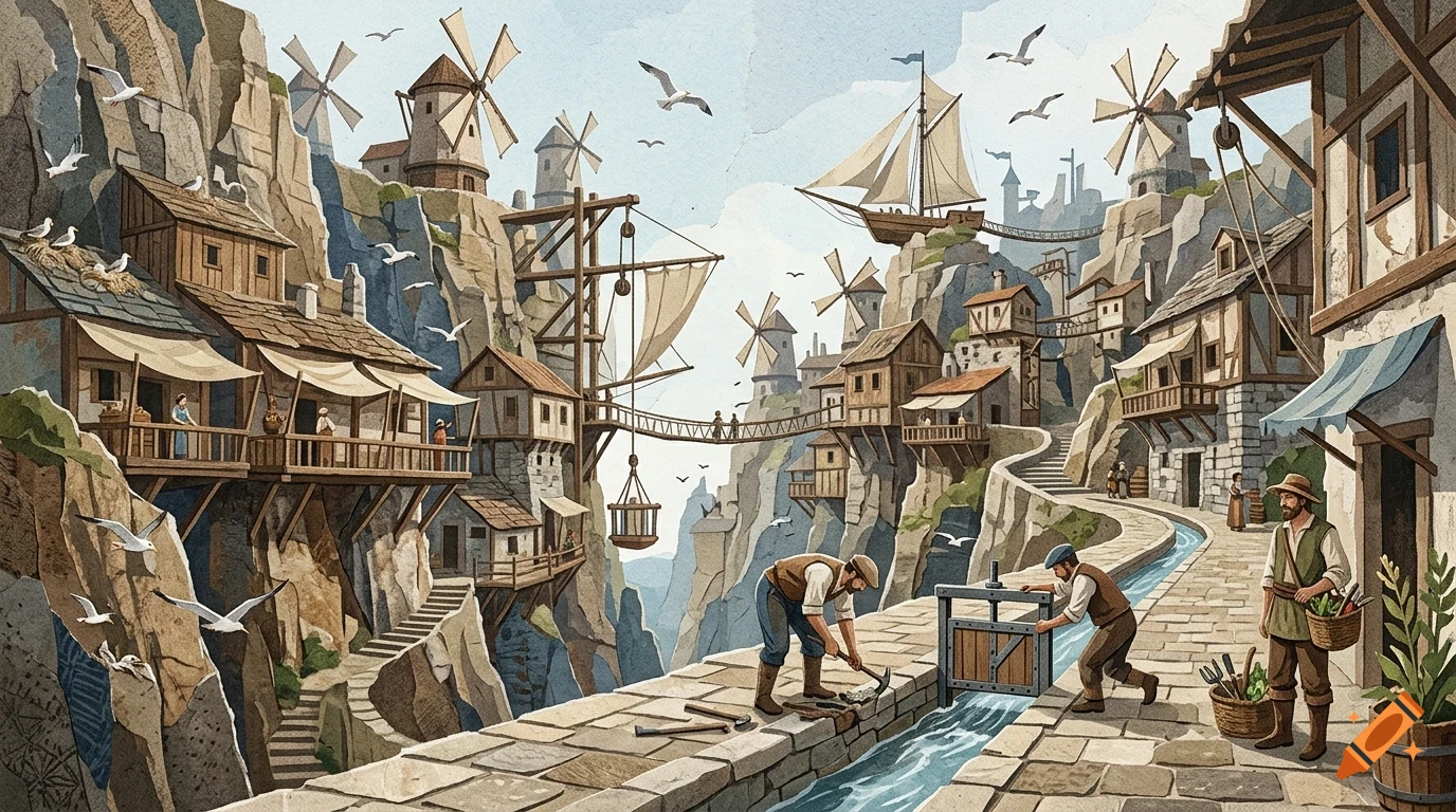 An illustrated coastal town built into rocky cliffs with windmills, a sailing ship floating in the sky, and workers maintaining a stone canal.