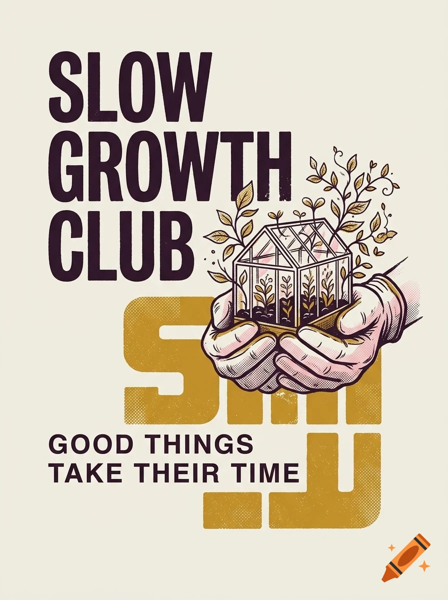 Illustration of gloved hands holding a small greenhouse with growing plants, accompanied by the text 'SLOW GROWTH CLUB' and 'GOOD THINGS TAKE THEIR TIME'.
