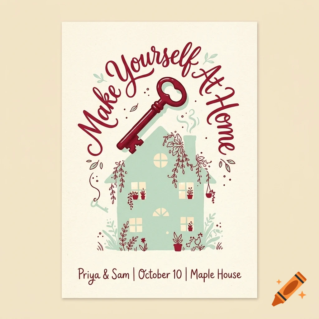 An illustrated card featuring a light-green house, a large red key, vines, and the text "Make Yourself At Home" and "Priya & Sam | October 10 | Maple House".