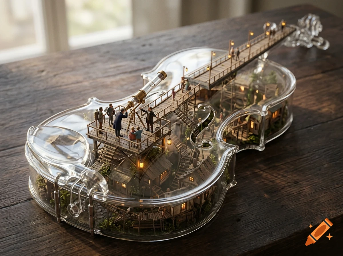 A miniature world built inside a transparent glass violin sitting on a wooden table, featuring tiny wooden houses, bridges, and people looking through a telescope.