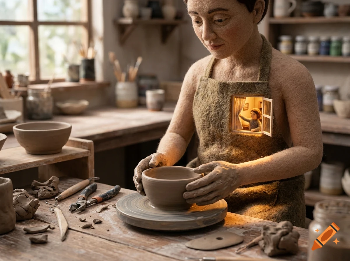 A felt-crafted figure shaping a clay bowl on a potter's wheel in a workshop, with a tiny illuminated window on the apron revealing a small person inside.