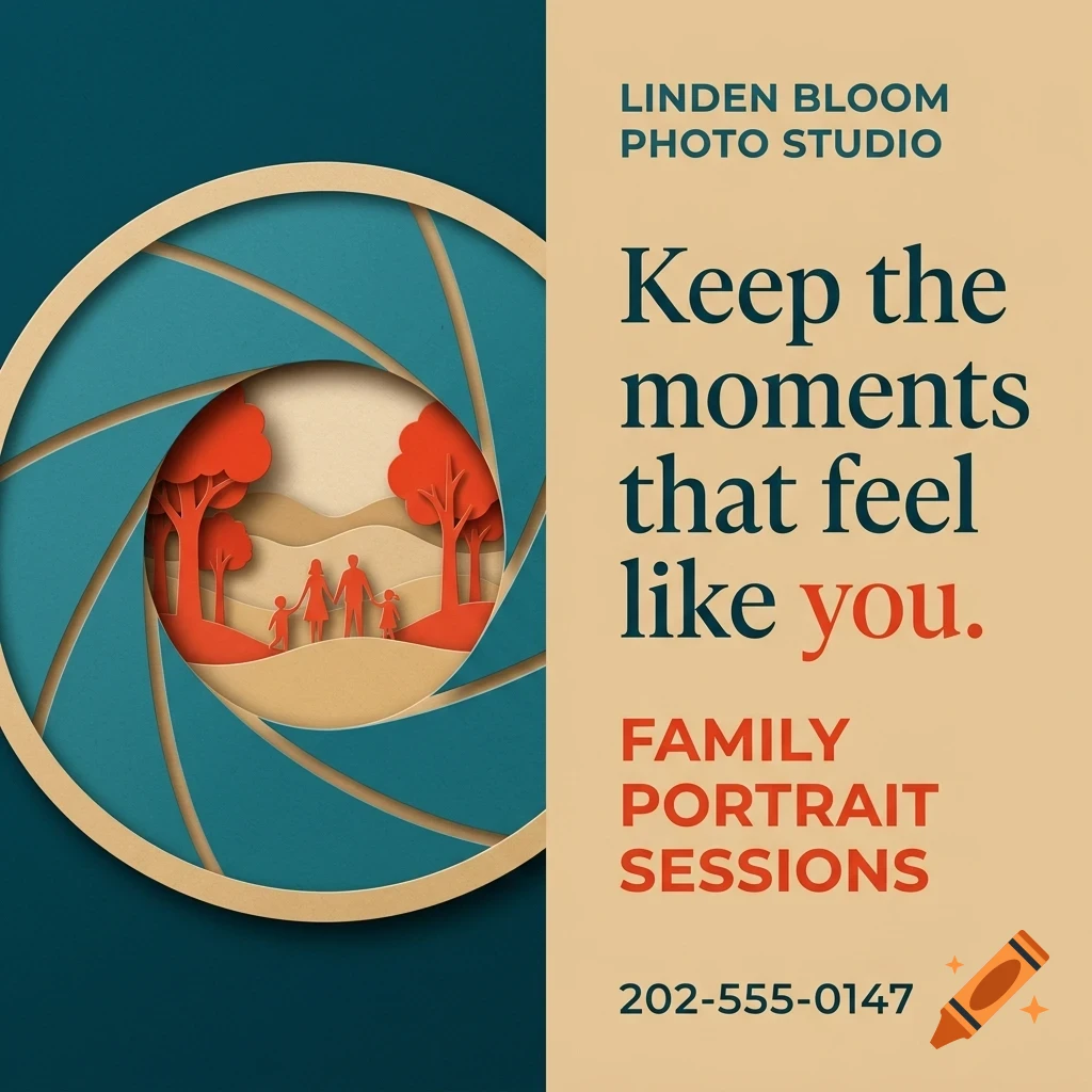 An advertisement featuring a camera aperture graphic with a papercraft family scene inside and text on the right.