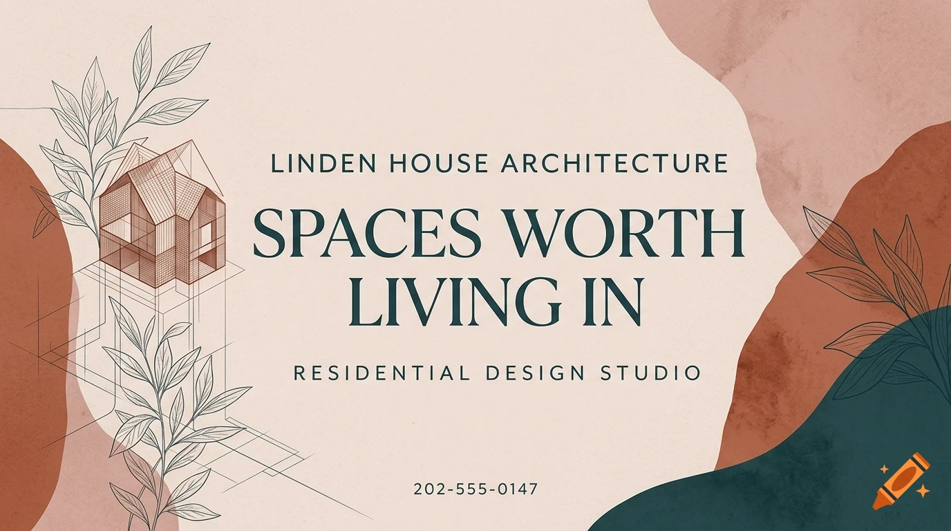 An architectural design studio business card with abstract shapes, botanical line art, a wireframe house, and typography reading SPACES WORTH LIVING IN.