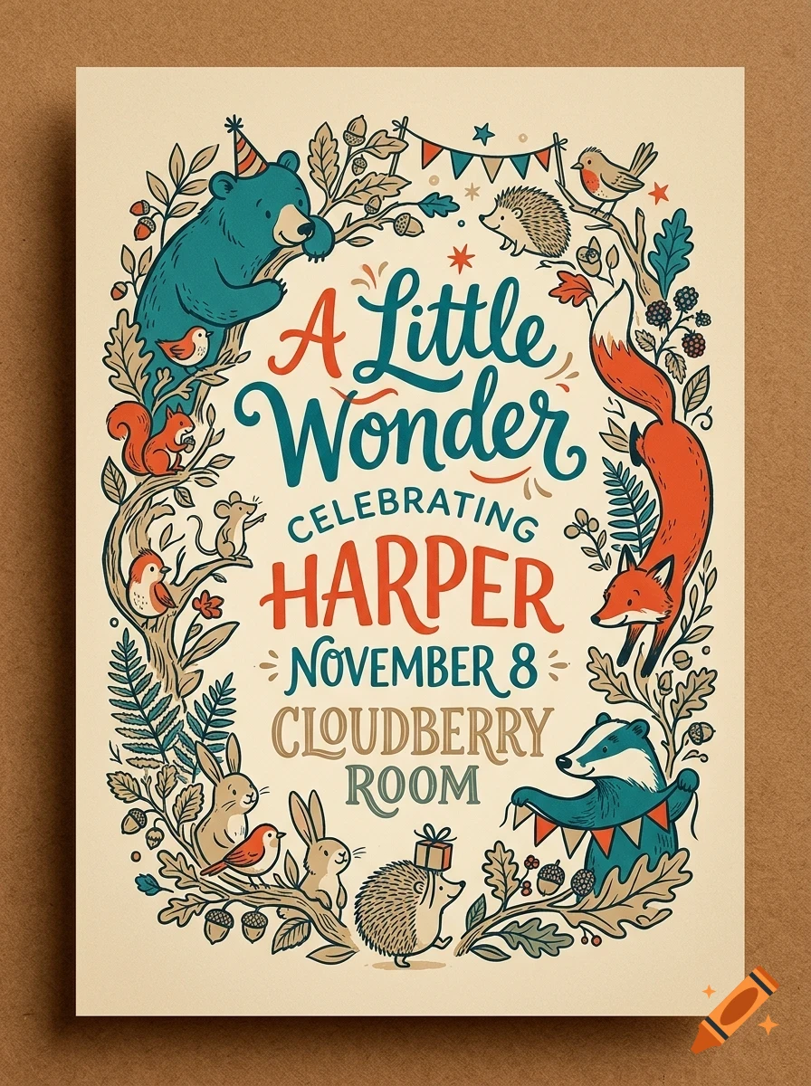 An illustrated poster with forest animals surrounding the text A Little Wonder Celebrating Harper November 8 Cloudberry Room