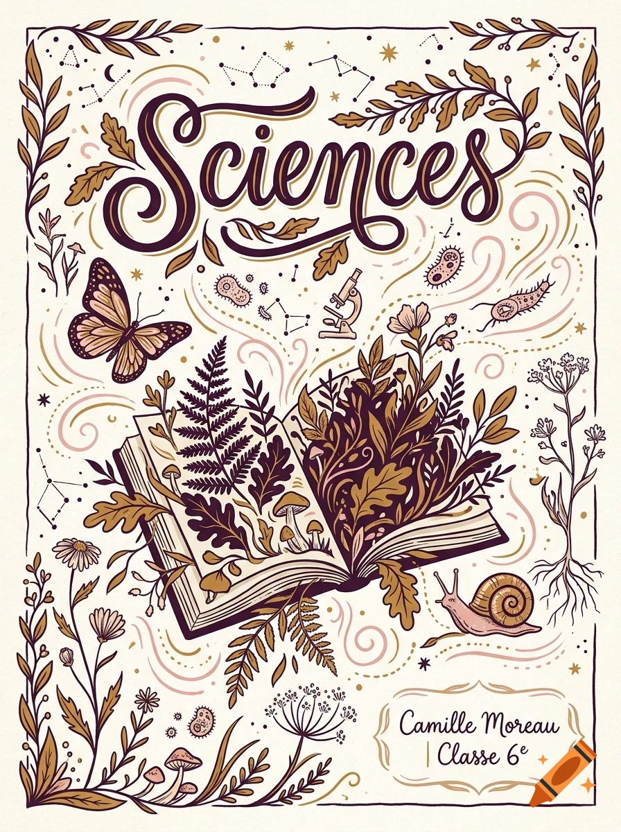 An illustrated educational poster titled Sciences with an open book overflowing with plants, mushrooms, a butterfly, a snail, and scientific doodles.