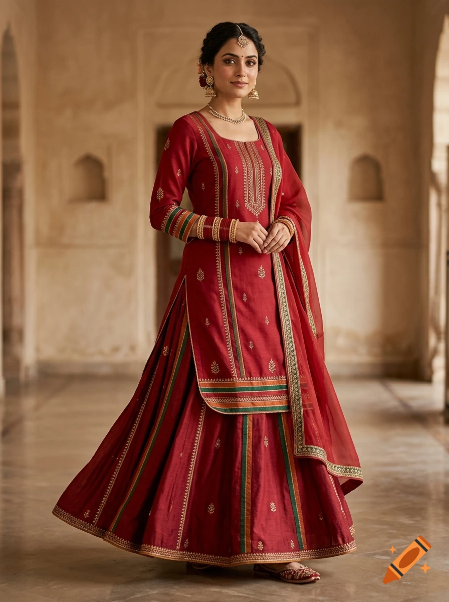 Full-length photorealistic fashion editorial of a South Asian woman wearing a deep crimson and gold traditional Punjabi bridal outfit.