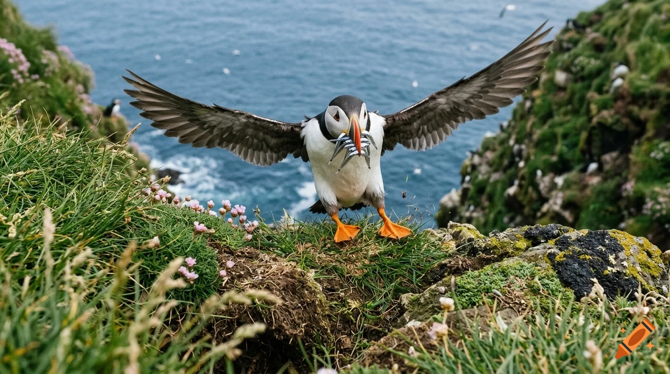 An Atlantic puffin holding small fish in its beak with wings outstretched on a grassy cliff overlooking the ocean.