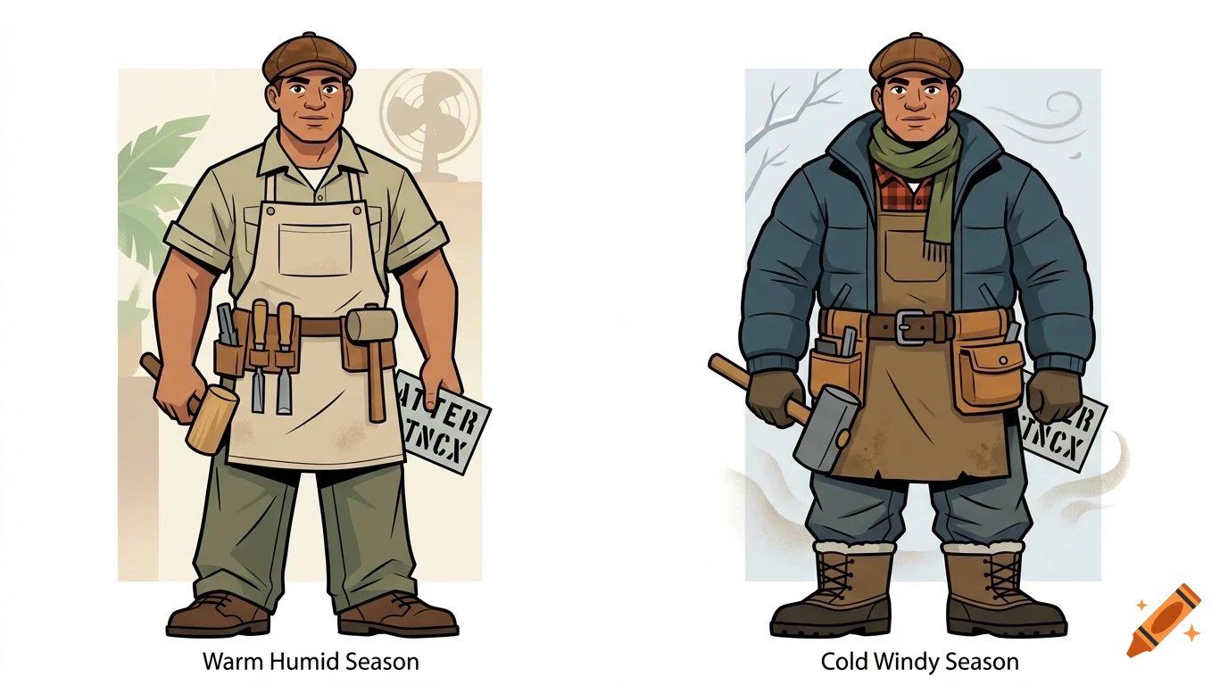 Illustration comparing a man dressed for a warm humid season versus a cold windy season, wearing work clothes and tools.