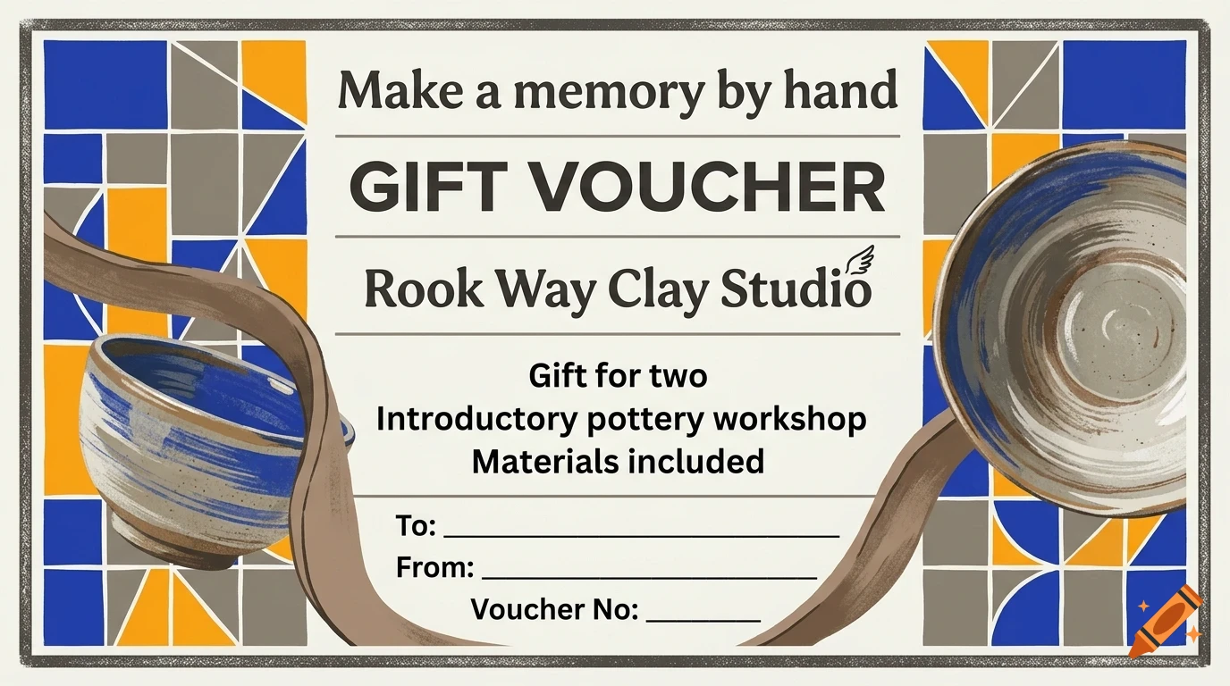 A gift voucher for Rook Way Clay Studio depicting a pottery workshop, featuring text and ceramic bowl illustrations.