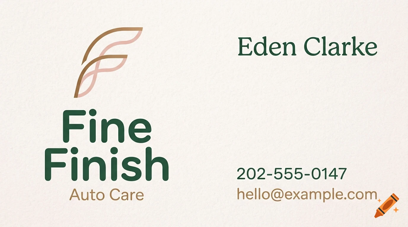A business card with an F monogram logo, the text Fine Finish Auto Care, Eden Clarke, a phone number, and an email address.