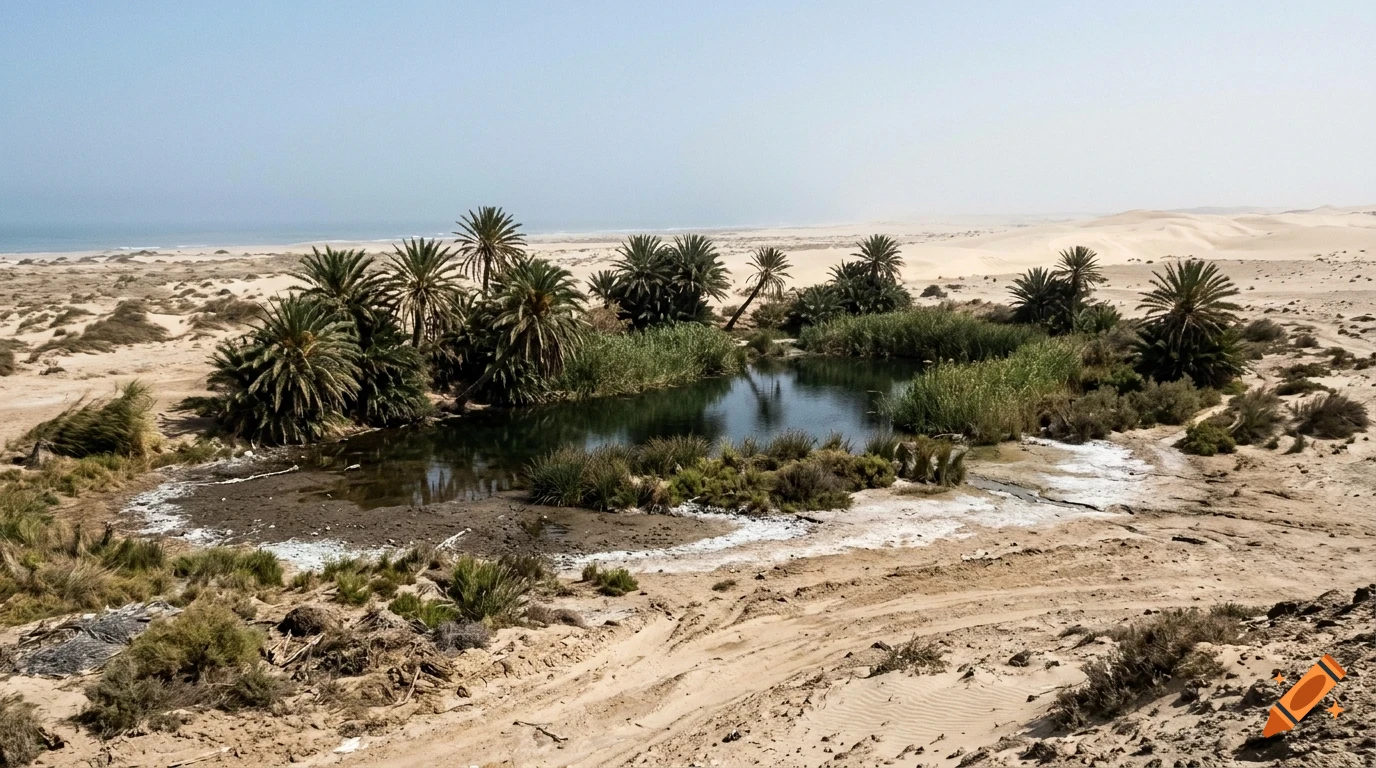 An oasis with a pool of water surrounded by lush green palm trees and reeds in the middle of a vast desert with sandy dunes and the ocean in the distance.