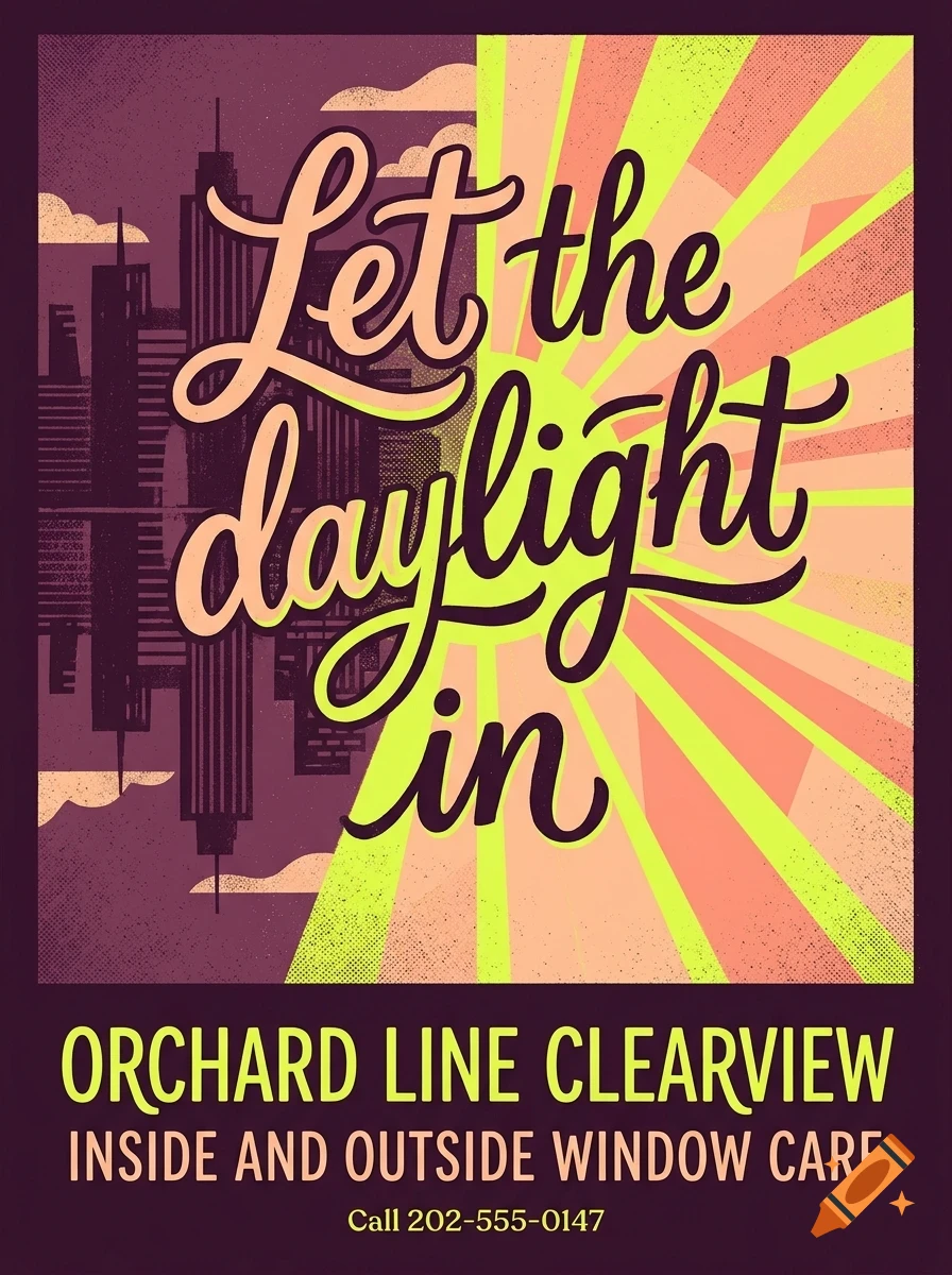 A vintage-style poster with the lettering Let the daylight in, featuring a city skyline on the left and sun rays on the right, with text at the bottom.