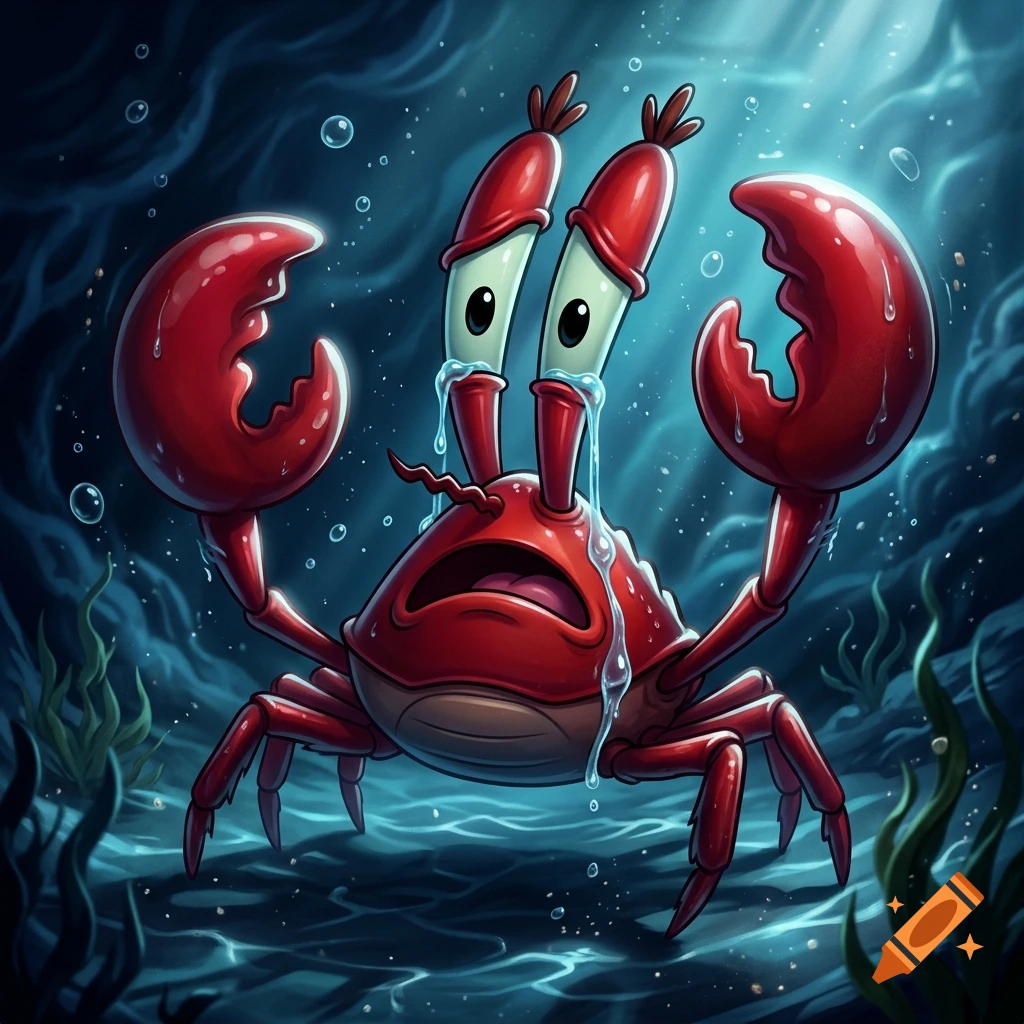 Digital illustration of a frightened, crying red crab with wide eyes underwater.