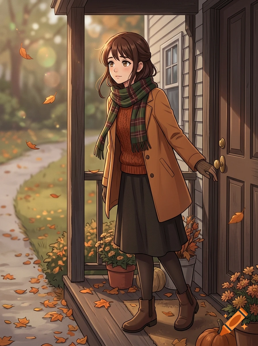 Anime style illustration of a young brunette woman in a winter coat and scarf standing at a front porch door during autumn.
