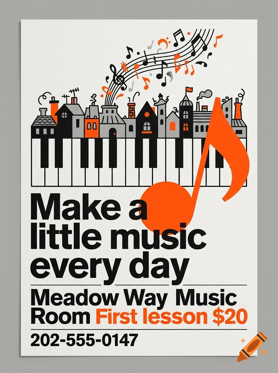 A poster featuring a piano keyboard, a row of houses, musical notes, and the text 'Make a little music every day'.