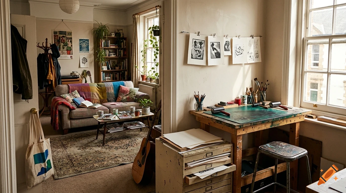 An artist's studio with an ink-rolling workbench, stools, and a cozy living room with a sofa in the background.