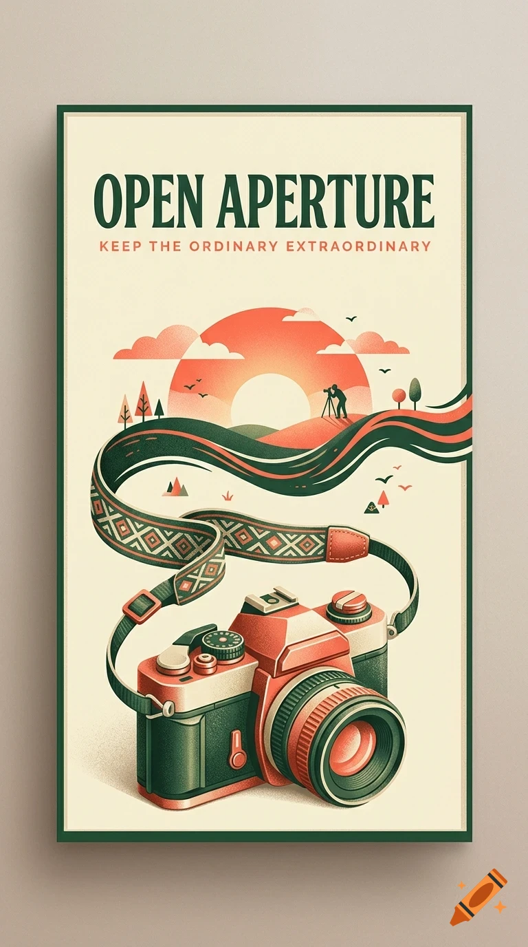 A vintage camera poster illustration with the text OPEN APERTURE and KEEP THE ORDINARY EXTRAORDINARY, featuring a camera strap looping into a landscape with a sunset and a photographer.
