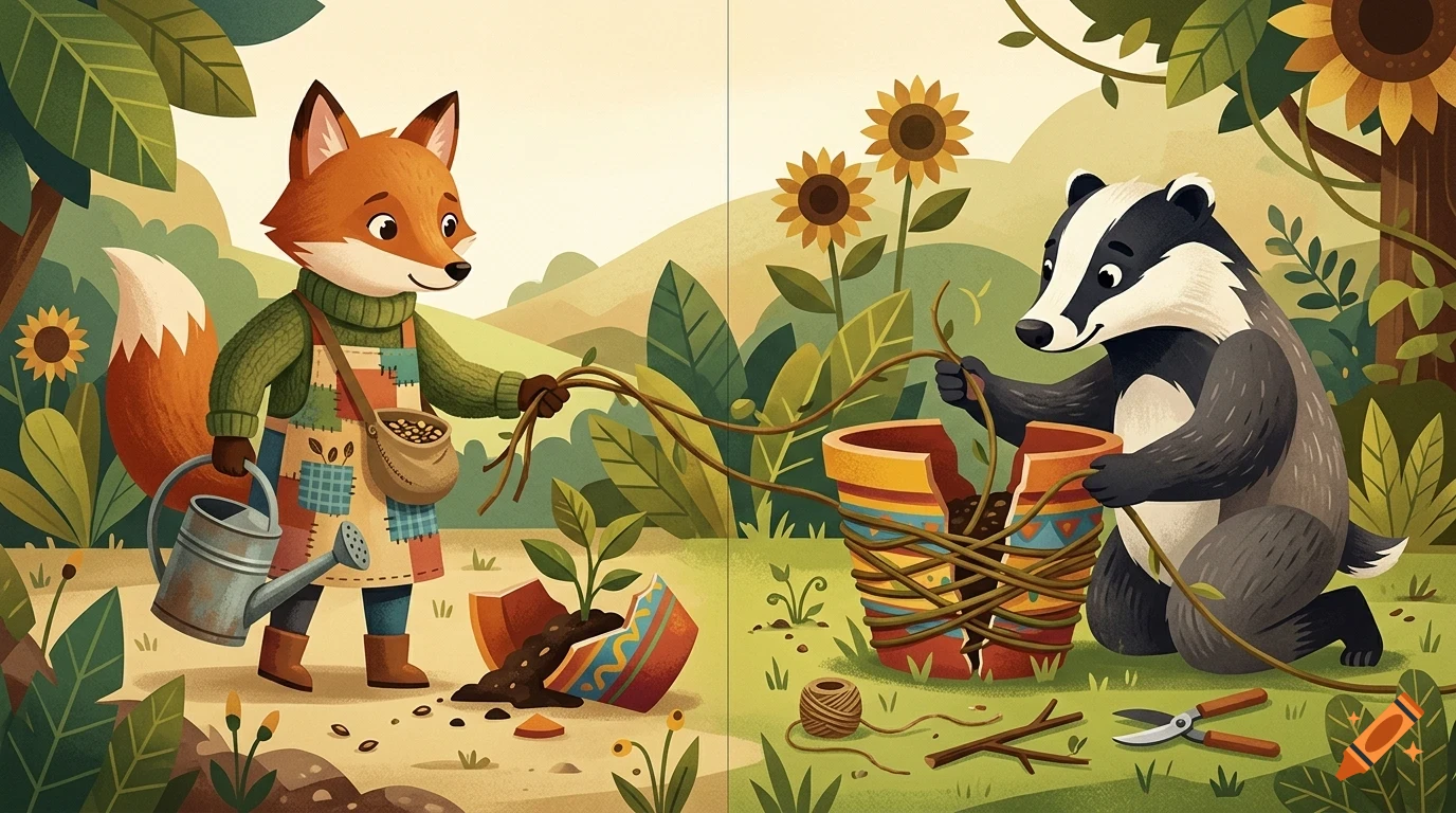An anthropomorphic fox and badger gardening together in a sunny meadow, wrapping twine around a broken flowerpot.