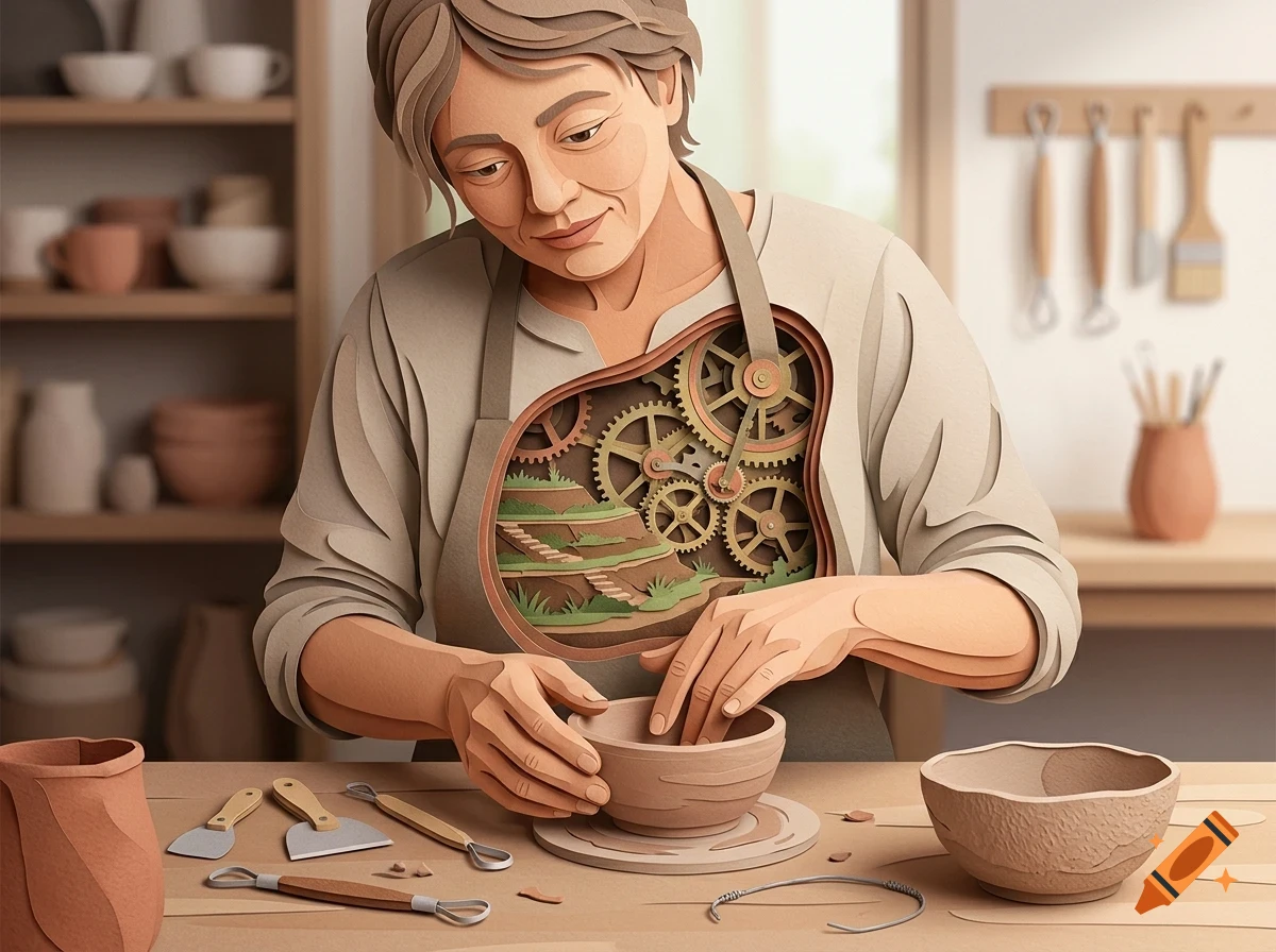 An artisan shaping clay at a pottery wheel, with gears and miniature terraces visible in a cutaway in their chest.