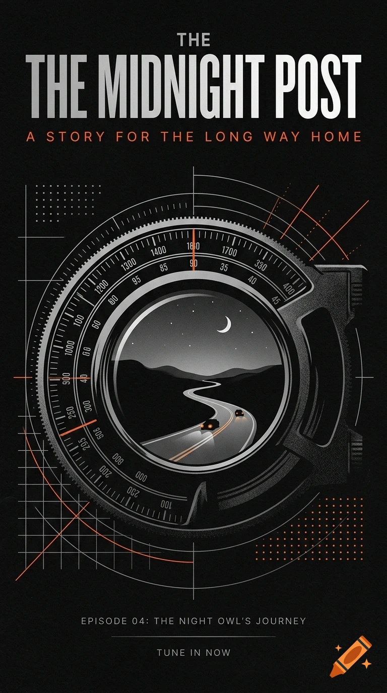 A poster featuring the title 'The Midnight Post' with a central graphic of a radio dial showing a night landscape with a winding road, crescent moon, and stars.