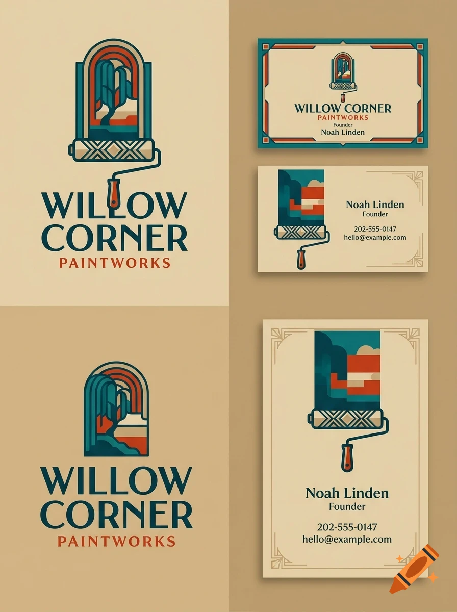 Branding design presentation for Willow Corner Paintworks featuring a paint roller logo with a tree illustration, text, and business cards.