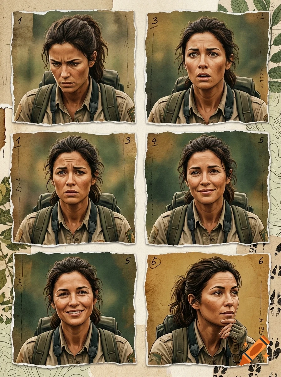 A sheet showing six panels with torn paper edges displaying portraits of the same woman showing various expressions.