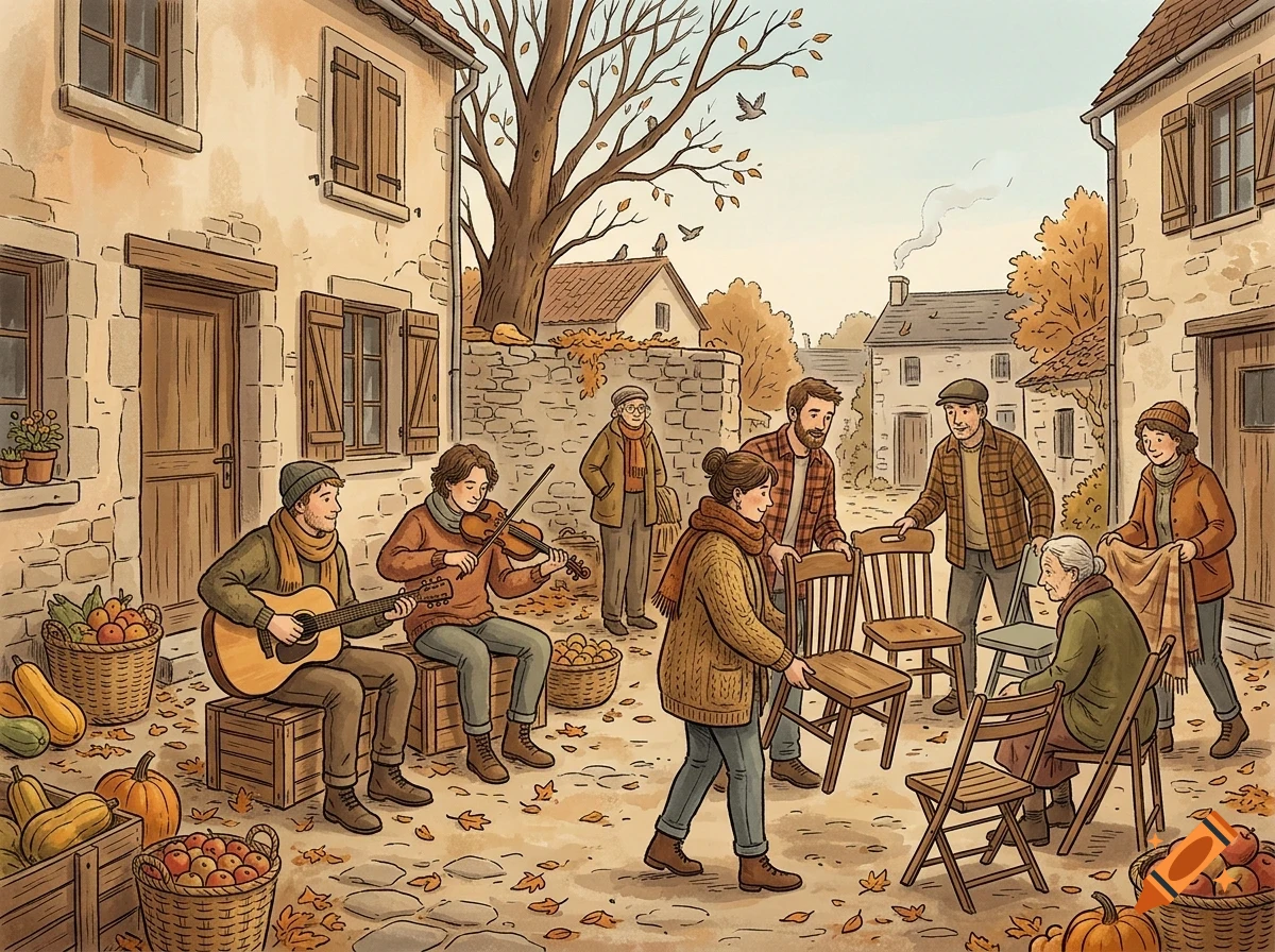 An illustrated village scene in autumn with people setting up chairs, playing music, and gathering outdoors.