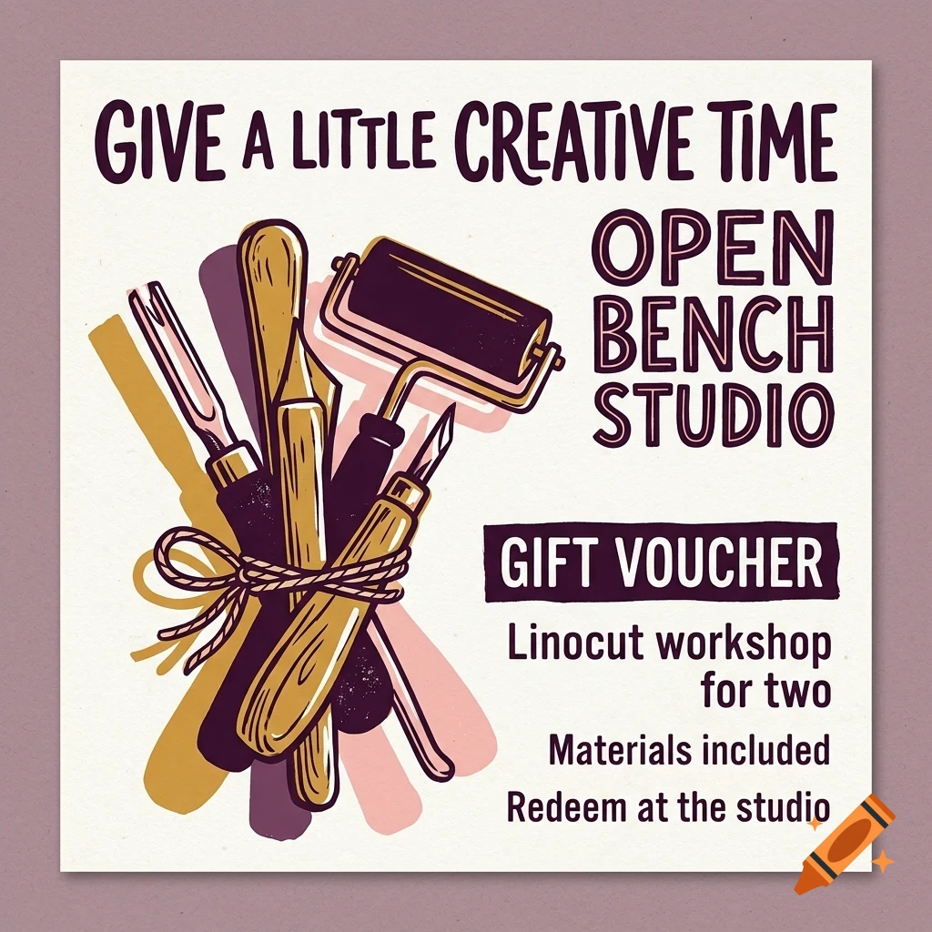 An illustrated gift voucher for a linocut workshop featuring carved woodblock tools and text.