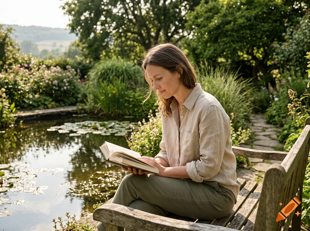 A woman reading a book while sitting on a wooden bench in a garden near a pond, photorealistic style.